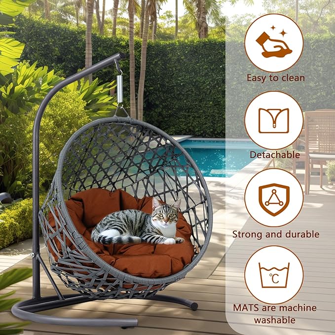 Cat Egg Chair with Stand & Cushion, Cat Swing Bed with Rattan Wicker Appearance, Hanging Chair for Indoor Cats Pet Kitten Puppy Small Dogs (Brown, 19.30 Inch)