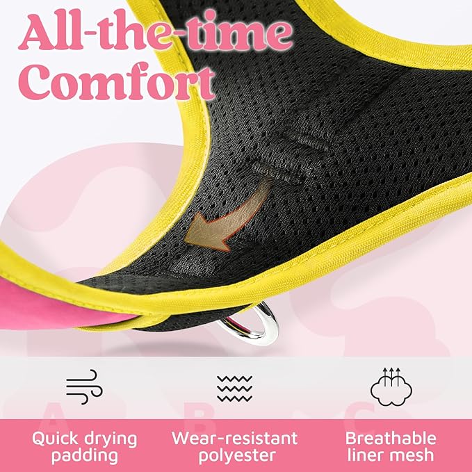 rabbitgoo Dog Harness Medium Sized, No Pull Dog Vest with 3 Buckles, Adjustable Soft Padded Pet Harness with Easy Control Handle and Reflective Strips, Pink & Yellow, M