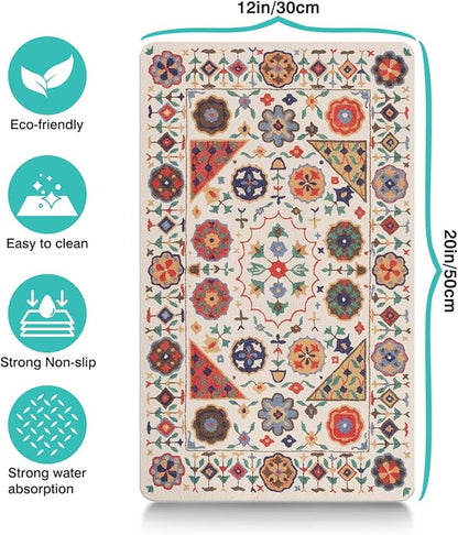 Moroccan Trellis Dog Food & Water Mat, Boho Colorful Vintage Pet Feeding Mat for Floor Non-Slip Waterproof, Super Absorbent Cat Bowl Mat, Easy to Clean Durable Pet Placemat,12" × 20"