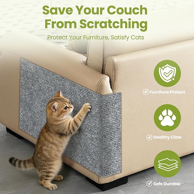 Cat Scratch Couch Furniture Protector, 78.7" x 15.8" Cat Scratcher Pad Deterrent from Cats Claws Scratching, DIY Sisal Carpet Cat Proof Couch Cover Replacement for Indoor Sofa, Wall, Door, Light Grey