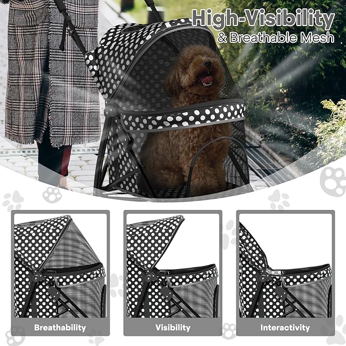 Pet Stroller for Small Dogs & Cats - 10-22lbs, Rear Storage, Black Polka Dots