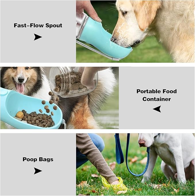 Dog Water Bottle with Food Storage & Poop Bag Dispenser - 3-in-1 Portable Pet Water Bowl for Hiking, Walking, and Travel - Ideal for Small to Large Dogs Blue