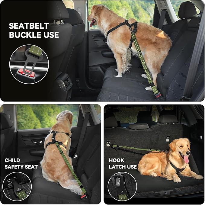 Pawaboo Dog Seat Belt Harness for Car, Dog Car Harness Seatbelt with Double Clips, Adjustable Breathable Pet Vest & Dogs Safety Tether with Elastic Bungee for Small Medium Large Pet, M,Green + Black