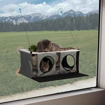 K&H Pet Products EZ Mount Cat Window Perch Penthouse Kitty Sill with Cat Grass Grow Station - 2 Level Hammock Window Bed for Indoor Pets, Home Grown Grass Toy for Bored Indoor Felines