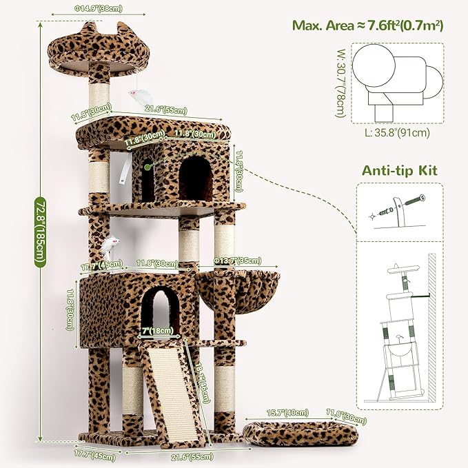 Globlazer Heavy Duty Cat Trees for Large Cats, Sturdy 72in Maine Coon Cat Tree for Large Cat 20 lbs+ Heavy Duty Cat Tower for Adult Biggest Cats with 6 Scratching Posts, Hammock, S72, Leopard Print