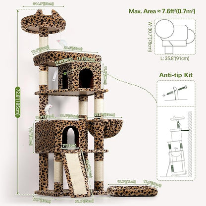 Globlazer Heavy Duty Cat Trees for Large Cats, Sturdy 72in Maine Coon Cat Tree for Large Cat 20 lbs+ Heavy Duty Cat Tower for Adult Biggest Cats with 6 Scratching Posts, Hammock, S72, Leopard Print