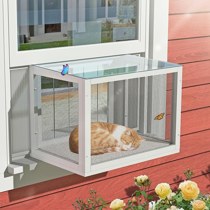 GDLF Cat Window Box, Universal Cat Window Perch Catio with Weather-Resistant Clear Roof, Fits Double Hung Windows 24" to 38.5" Wide, for Sunbathing, Napping & Outdoor Viewing
