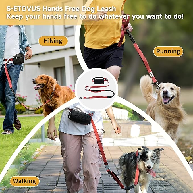 Hands Free Dog Leash with Zipper Pouch, Double Handle Running Reflective Bungee Waist Leash for Dog Walking, Training and Hiking for Small Medium Large Dogs (Red)