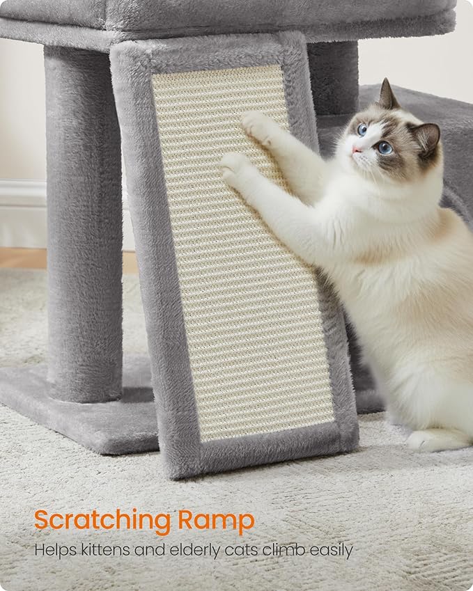 Feandrea Small Cat Tree, Cat Tower Condo, Scratching Ramp, Large Top Perch, Cave, 20.1 x 15.4 x 18.3 Inches, Dove Gray UPCT010GD02S