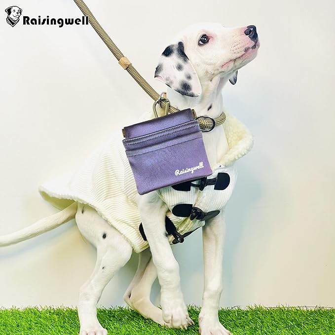 Raisingwell Dog Treat Pouch, Pocket Sized Pet Training Pouch, Hand Free Purple Dog Walking Bag with Carabiner, Self-Closing Pet Feed Snack Reward, for Puppy Travel or Outdoor Use, NanoPTC