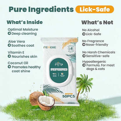 200 Count Dog Wipes & Cat Wipes (4x50 Packs) | Hypoallergenic, pH Balanced for Paws, Body, Face & Grooming |All-Natural Plant Fiber Wipes with Aloe, Coconut Oil & Vitamin E |Pearl Texture
