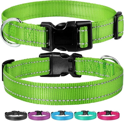 Reflective Dog Collar with Buckle Adjustable Safety Nylon Collars for Small Medium Large Dogs, Grass Green L
