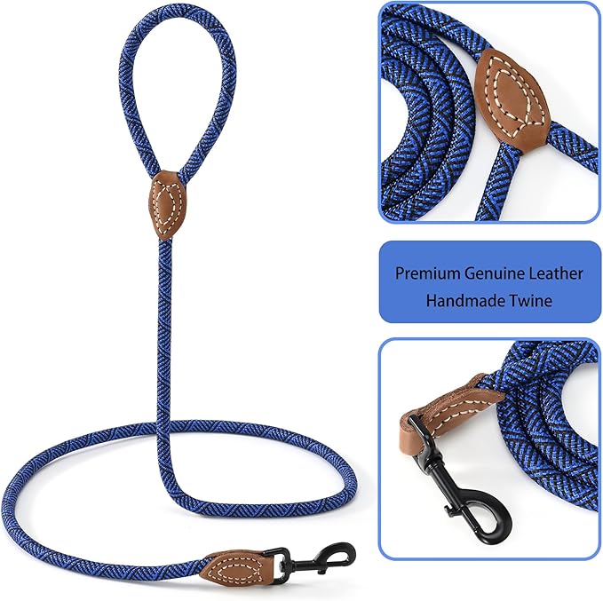 Mile High Life Rope Leash with Genuine Leather Connection, 6 FT/5 FT/4 FT, Heavy Duty Leash for Medium & Large Dogs (Blue, 48 Inch)