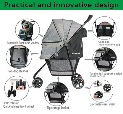 ROODO Escort 3 Wheel Dog Cat Pet Stroller for Small/Medium Dogs Cats Best Lightweight Foldable Portable Compact Jogger All Terrain Travel Pet Gear System Puppy Doggie Bunny Kitty Stroller(Grey)