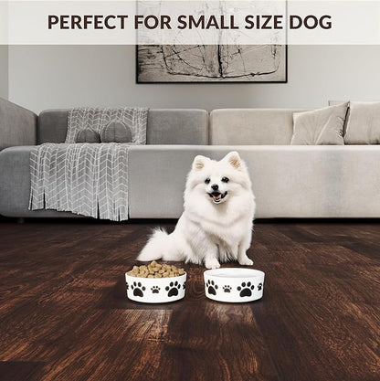 Ceramic Dog Bowls for Small Size Dog - 5'' Round × 2 Tall Dog Food Bowl & Water Bowl Set of 2 - Small Dog Bowls with Anti-Slip Rings - 2 Cups Food and Water Bowls for Dogs and Cats