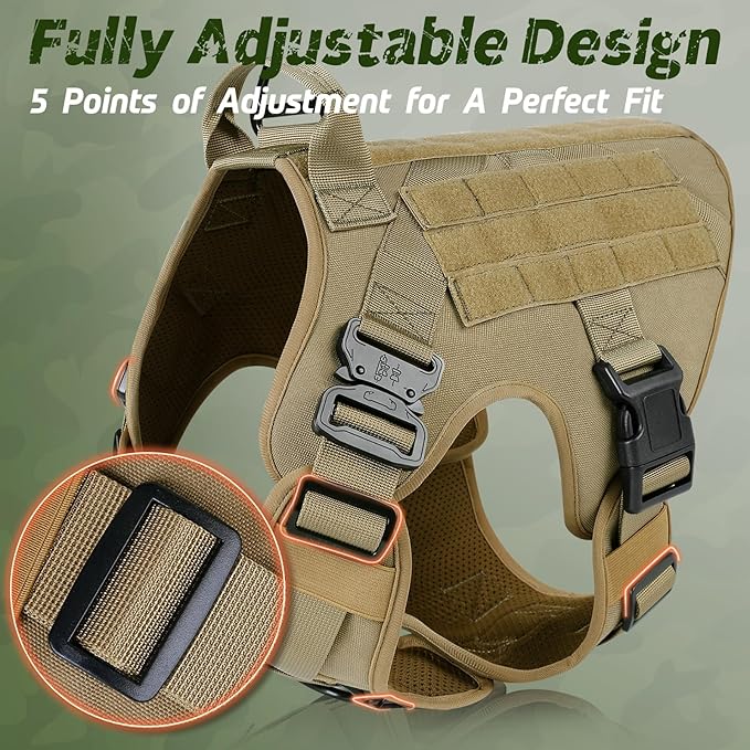 rabbitgoo Tactical Dog Harness Medium Sized, Heavy Duty Pet Harness with Handle, No-Pull Service Vest Medium Breed, Adjustable Military Dog Vest for Training Hunting Walking, Brown, M