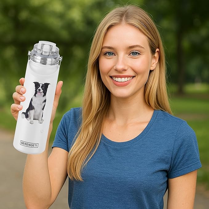 SERENGETI 24 Oz Water Bottle Stainless Steel with Spill Proof Lid - Double walled Vacuum Insulated water flask - Realistic 3D Print of your favorite dog (Border Collie)