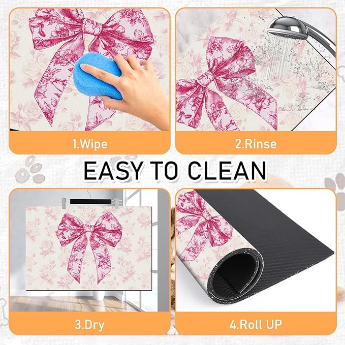 Dog Bowl Mat for Food and Water - Hamdwerk Absorbent Anti Slip Cat Feeding Mats for Floors, Quick Dry Pet Dog Feeding Matts, Diatomite Pet Dish Placemat Supplies, Coquettee Bow Style, 16 * 24in