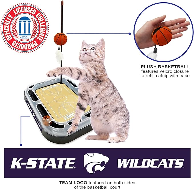 NCAA KANSAS STATE Wildcats 6-in-1 Scratcher and Wand - Basketball Court Cardboard Cat Scratcher with Catnip Plush Ball and Bell