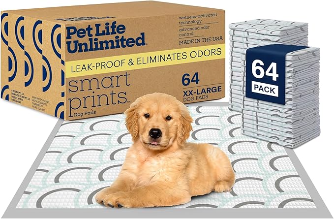 Pet Life Unlimited Smart Prints XXL Puppy Pads for Dogs, Potty Training Pee Pads, 64 Count, 30" x 36", Leak-Proof, Super Absorbent, Quick-Dry, Patterned Pads with Odor Control, Made in USA