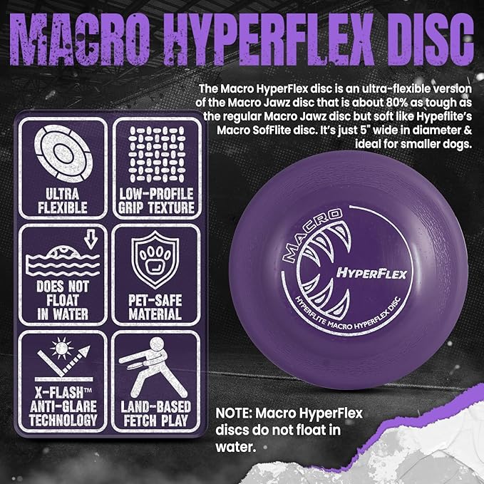Hyperflite Macro Hyperflex Dog Disc 5" (38g) | Ultimate High Flying Disc for Dogs | Official Skyhoundz Competition Disc for Training, Fetch & Pool Games | Durable | Anti-Glare - Purple