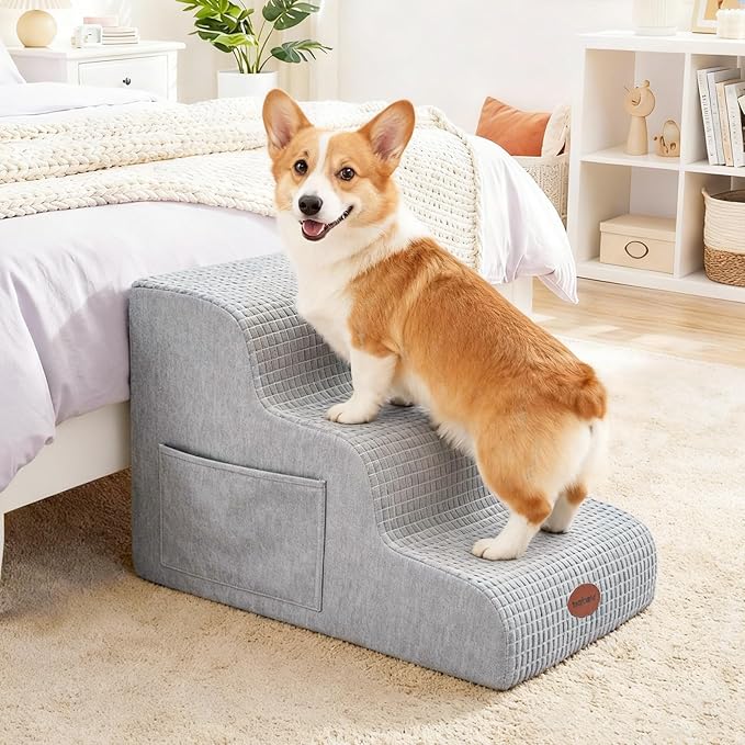 Woochpet Dog Stairs for Small Dogs, 15.7”H Ramp 3 Tier Wider Curved Pet Stairs for Couch and Beds，Weighted Base Plate Indoor Dog Steps with Non-Slip Bottom and Washable Cover for Old Cats
