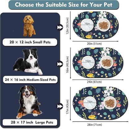 20''x12'' Absorbent Cat Feeding Mat, Pet Water Mats Protect Floor, No Stains Quick Dry Pet Placemats for Food and Water Bowl, Non-Slip Base Cats Bowl Mats for Messy Drinkers, Dark Blue Floral