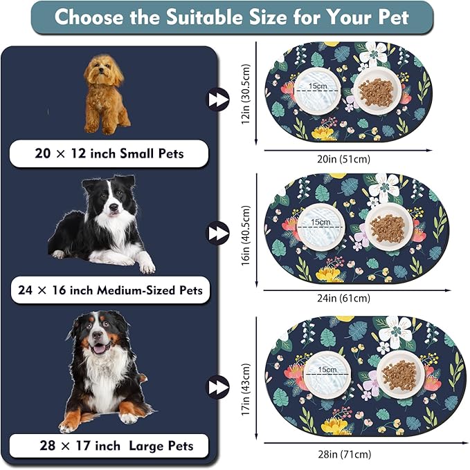 Large Absorbent Dog Mat for Food and Water 28''x17'', Easy Clean Cat Dog Water Bowl Mat, Non-Slip Pet Water Mat Protect Floor, Fit with Automatic Feeders and Double-Bowl, Dakr Blue Floral