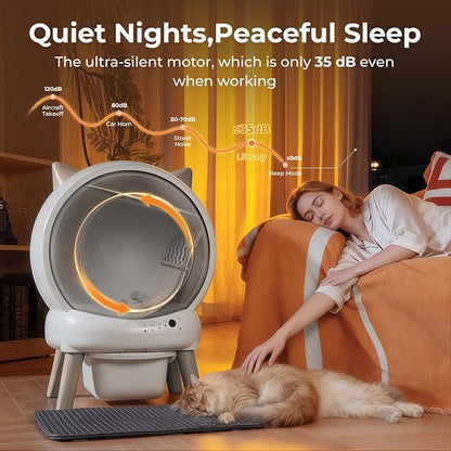 Automatic Cat Litter Box - E2 Self Cleaning Litter Box Smart Robot for Multiple Cats, APP Real-Time Monitor, Weight Monitoring, Safe Anti-Pinch Liners and Mat Included
