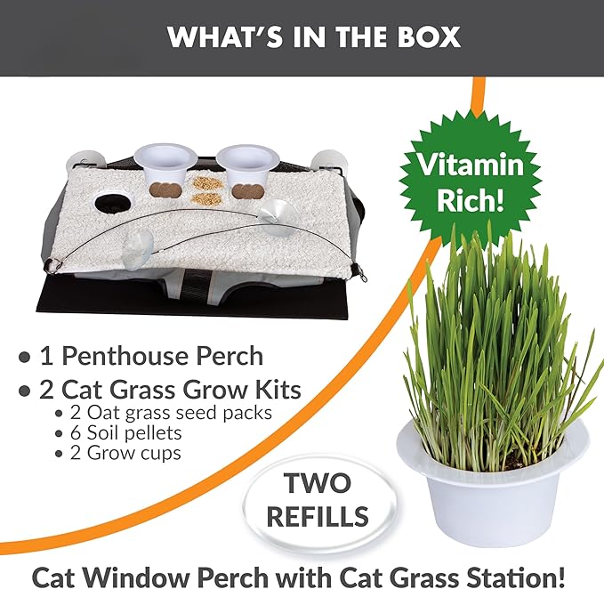 K&H Pet Products EZ Mount Cat Window Perch Penthouse Kitty Sill with Cat Grass Grow Station - 2 Level Hammock Window Bed for Indoor Pets, Home Grown Grass Toy for Bored Indoor Felines