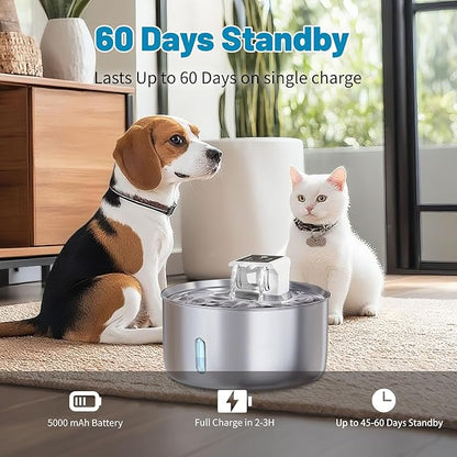 Wireless Dog Water Fountain - Dog Water Bowl Dispenser, 7L/236oz Large Capacity Stainless Steel Cat Fountain with Motion Sensor, Auto Water Dispenser for Multi-Pet Home (Circle+5 Filters+5 Sponges)