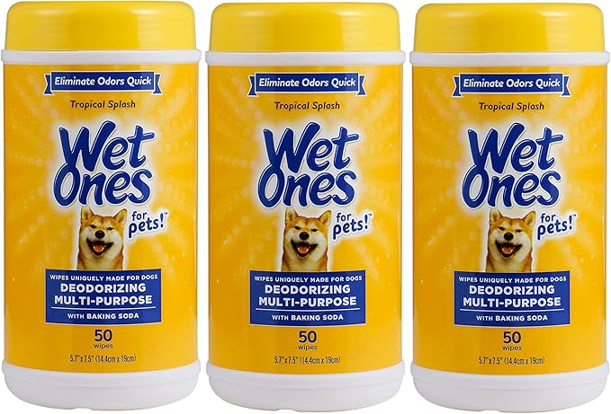 Wet Ones for Pets Deodorizing Multipurpose Dog Wipes with Baking Soda, Tropical Splash Scent - Desmellizing Wipes for Dogs in Canister, 50 Count - 3 Pack