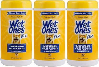 Wet Ones for Pets Deodorizing Multipurpose Dog Wipes with Baking Soda, Tropical Splash Scent - Desmellizing Wipes for Dogs in Canister, 50 Count - 3 Pack