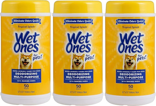 Wet Ones for Pets Deodorizing Multipurpose Dog Wipes with Baking Soda, Tropical Splash Scent - Desmellizing Wipes for Dogs in Canister, 50 Count - 3 Pack