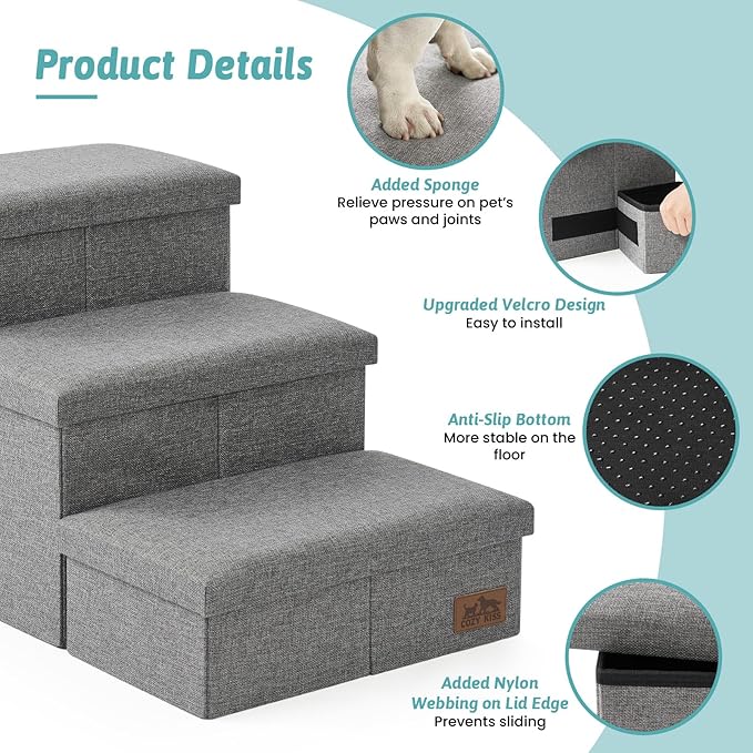 Dog Stairs with Storage, 4-Step Wider Sturdy Dog Steps for Small/Medium/Large Dogs and Older Cats, Doggie Ramp with Condo for Bed/Couch/Car Hold Up to 180 lbs (22.6" H, Grey)