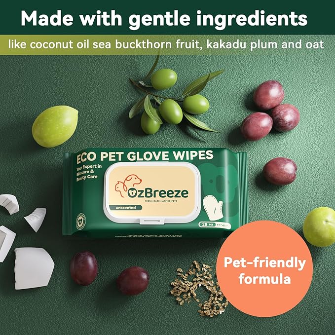 ECO PET Glove Wipes for Dogs & Cats, Hypoallergenic Unscented Cleaning & Deodorizing Bath Wipes, Coconut Oil Nourishing Fur Pet Grooming Gloves, 20pcs