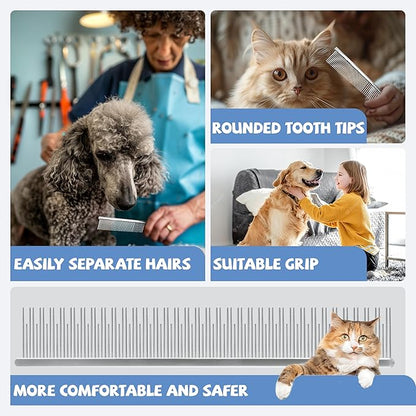 Professional 4.7 In Dual Tooth Pet Grooming Comb for Long-Haired Cats and Dogs, Metal Dematting Tool for Tangles, Knots, Undercoat and Excess Hair, Rounded Corners for Safe Deshedding and Detangling