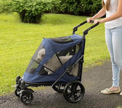 Pet Gear NO-Zip Pet Stroller with Dual Entry, Push Button Zipperless Entry for Single or Multiple Dogs/Cats, Pet Can Easily Walk in/Out, Gel-Filled Tires, Midnight Blue, Excursion