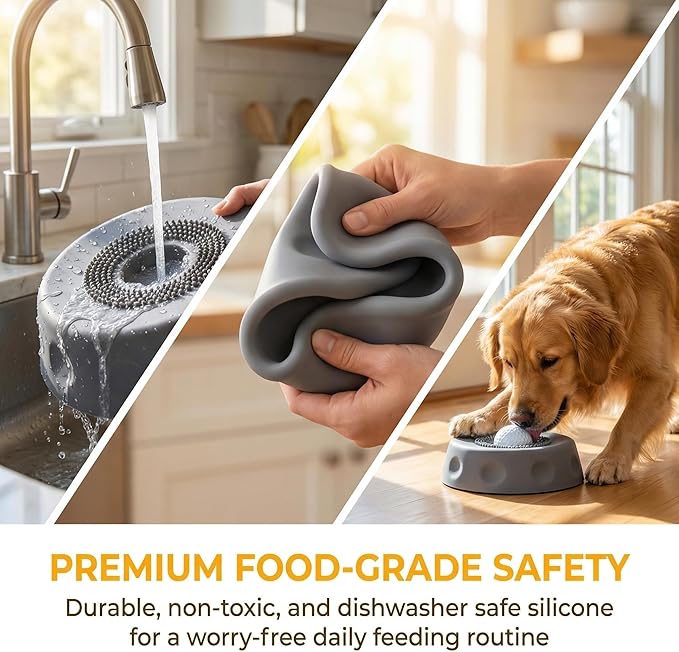 Silicone Lick Bowl for Dogs with Suction Cup, Anti-Slip Slow Feeder, Upgraded Chew-Resistant Ball & Anti-Disassembly Design, 250ml Capacity, Dishwasher Safe, for Small Medium Large Pets(1, Gray)