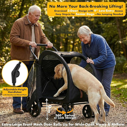 PAWZIDEA 3-in-1 Dog Stroller for Large Dogs with Detachable Carrier up to 100lb, 45% Extra Tall Dog Car Crate Sit Upright, Foldable Pet Stroller for 2 Medium Dogs All-Terrain Jogger, Adjustable Handle
