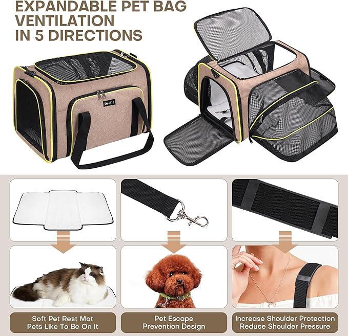 Premium Pet Carrier – Dog & Cat Travel Bag, Airline Approved, Soft-Sided Design for Small to Large Pets, TSA Compliant, Expandable & Collapsible (Brown)