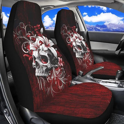 Gothic Skull Car Seat Cover Front Seat Cushion Covers, Washable and Breathable Car Accessories Universal Fits SUV, Sedan, Van, Truck Easy to Install, Black Red