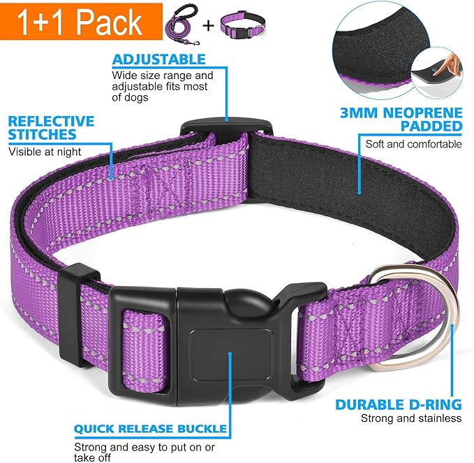 Reflective Dog Collar Padded with Soft Neoprene Breathable Adjustable Nylon Dog Collars for Small Medium Large Dogs (Small (Pack of 1), Purple Collar+Leash)