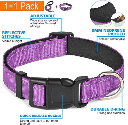 Reflective Dog Collar Padded with Soft Neoprene Breathable Adjustable Nylon Dog Collars for Small Medium Large Dogs (Large (Pack of 1), Purple Collar+Leash)