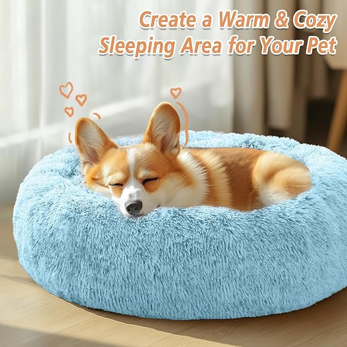 JOLLYVOGUE Calming Dog Beds Large Sized Dog, 36in Donut Washable Large Pet Bed, Anti-Slip & Anti-Anxiety Fluffy Faux Fur Round Dogs Bed, Fits up to 80 lbs Pets (Light Blue)