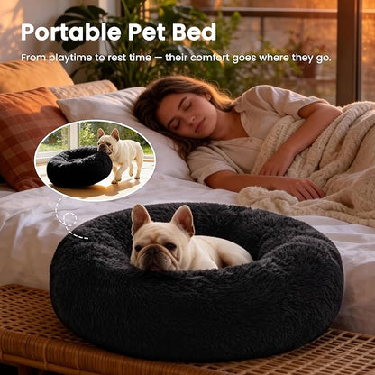 Love's cabin Calming Cat Bed for Indoor Cats,Anti-Anxiety Donut Round Dog Bed,Fluffy Faux Fur Washable Pet Bed for Small Medium Dogs and Cats,Black,20in