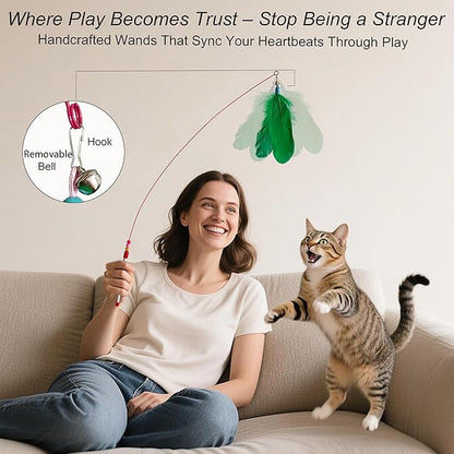 12Pcs Cat Wand Toy - 2 Cat Toy Stick Wand 10 Replacement Teasers with Bells, Interactive Feather Toy for Indoor Cats, Worm Cat Toy Teaser for Bored Adult Cats Kittens Play Chase Exercise