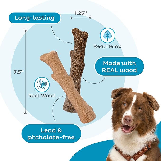 Pupstages Dogwood Calming Dog Chew Toy – Real-Wood Blend, Moderate Chewers, Medium, 7.5", 2-Pack (Natural & Hemp Flavors)