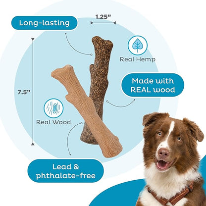 Pupstages Dogwood Calming Dog Chew Toy – Real-Wood Blend, Moderate Chewers, Medium, 7.5", 2-Pack (Natural & Hemp Flavors)
