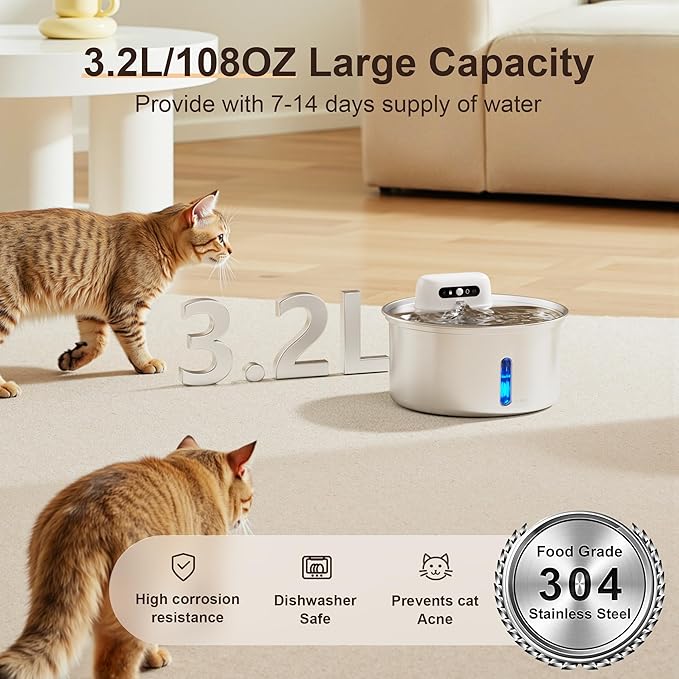Casfuy W12 Upgraded Wireless Smart Stainless Steel Dog & Cat Water Fountain, 108-oz